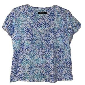 Lauren Ralph Lauren Blue White Ikat Ruffle Sleeve V Neck T Shirt EUC Sz Small